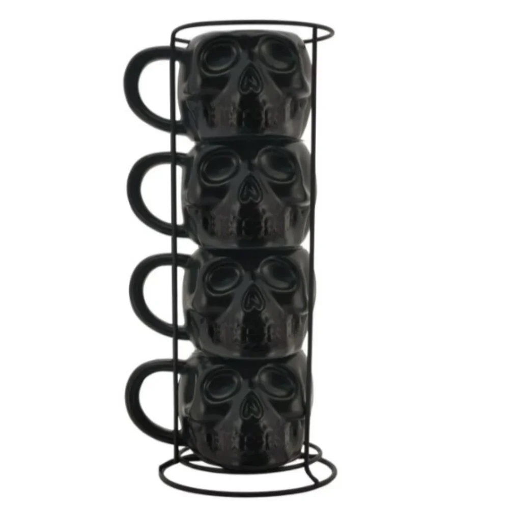 NEW Skull Mug Set of 4 Stackable Mugs Dia De Los Muertos Skulls Halloween Stonew